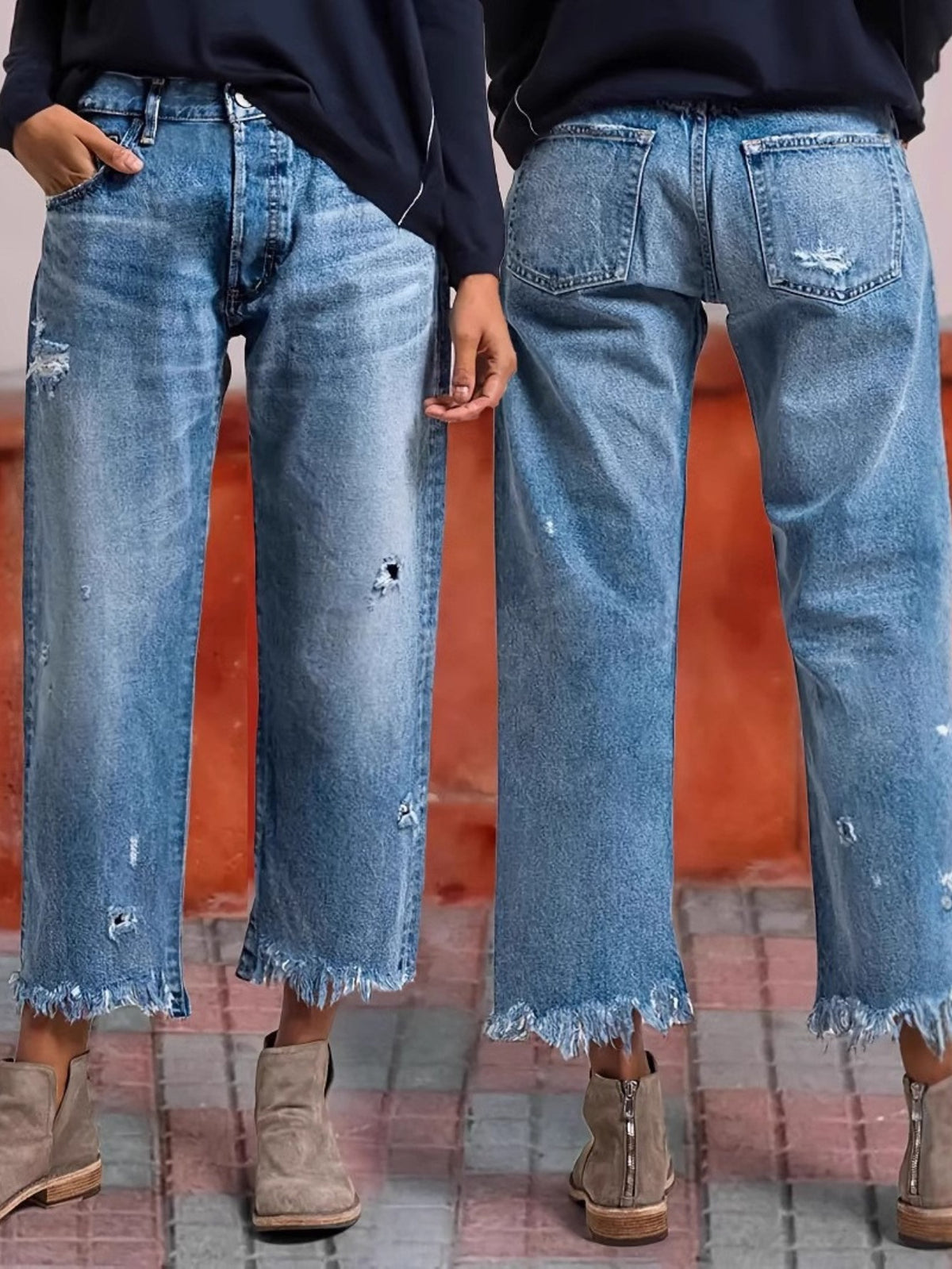 Tassel Hem Slim Jeans for Women Casual Straight Leg Blue Denim Pants All-Match Fringe Trouser Legs Everyday Fashion S-XXL