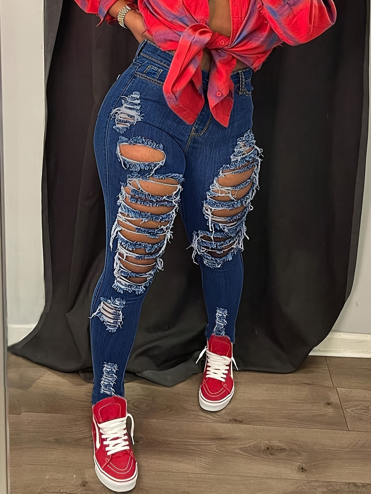 Distressed High Waist Jeans for Women Ripped Torn Frayed Elastic Denim Pants Skinny Fit Casual Streetwear Medium Dark Light Blue Grey White S-XXL