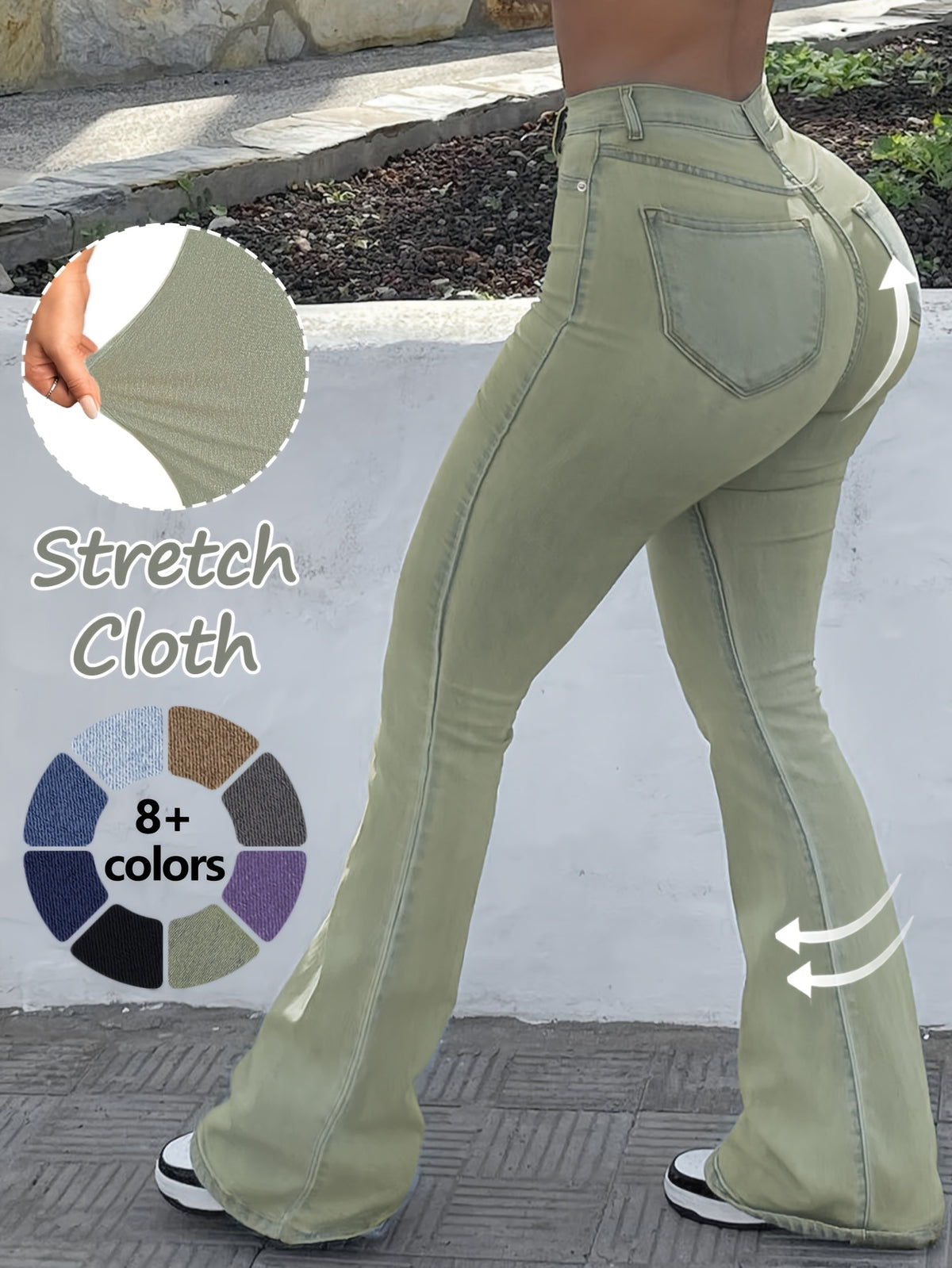 High Waist Stretch Flare Jeans Women Wide Leg Pants with Pockets – Solid Color Street Style, All-Season Comfortable Denim, Machine Washable