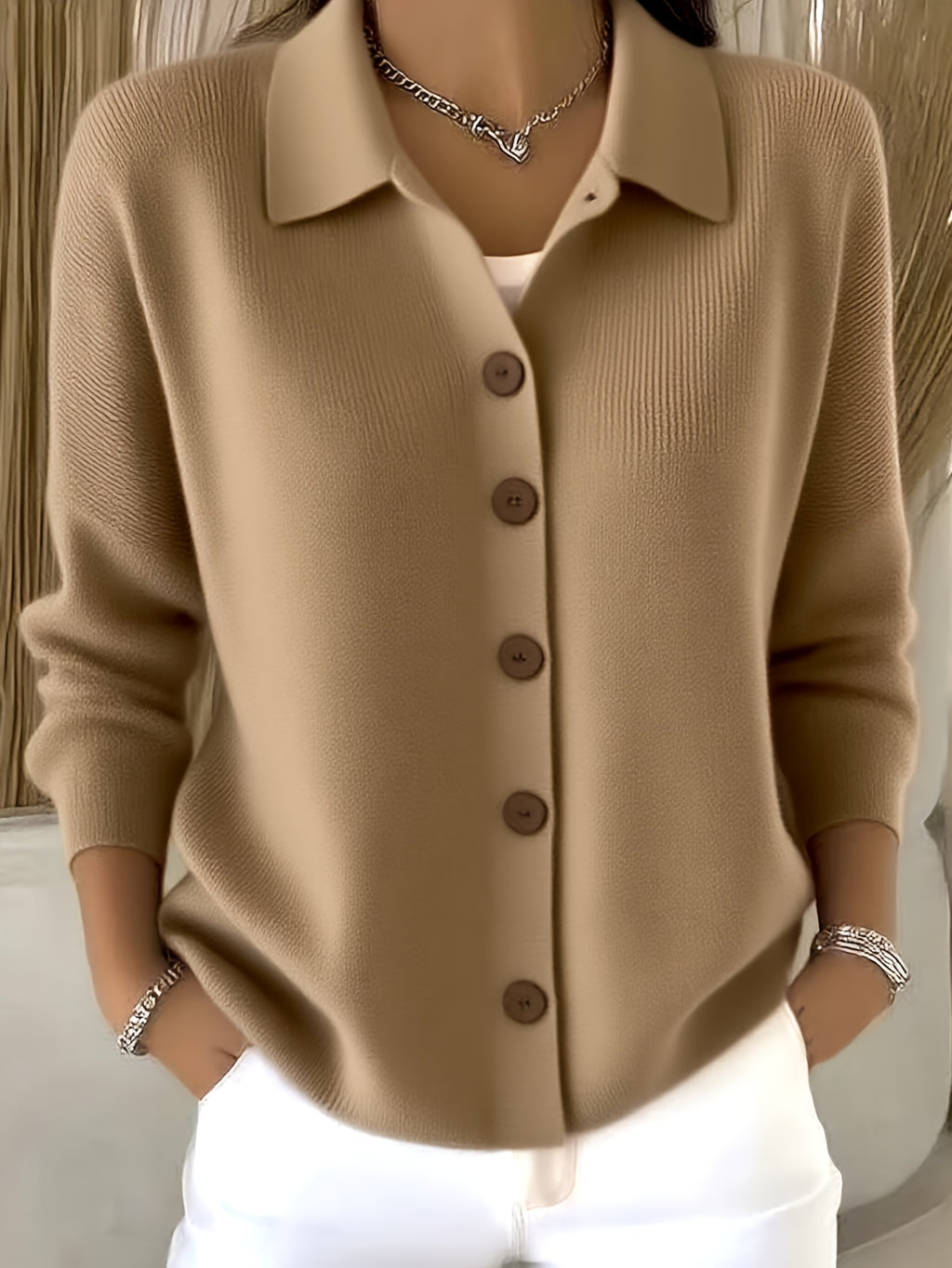 Button Lapel Knit Cardigan for Women – Solid Color Casual Knitwear Sweater, Elegant Layering Cardigan for Autumn & Winter Everyday Wear