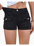 Multi Pocket High Waist Denim Shorts Women Stretchy Casual Summer Versatile Jean Shorts Black Khaki
