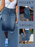 High Waisted Ripped Denim Midi Skirt Women Vintage Distressed Raw Hem Bodycon Stretch Casual Skirt Spring Summer