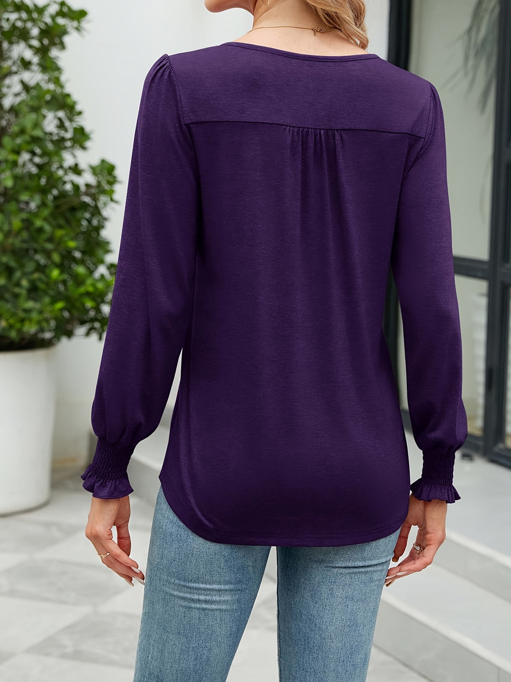 Puff Long Sleeve Tunic Top Women Pleated Crew Neck Loose Blouse Casual Elegant Fall Shirt Soft Flowy Top White Purple Green S-XXL