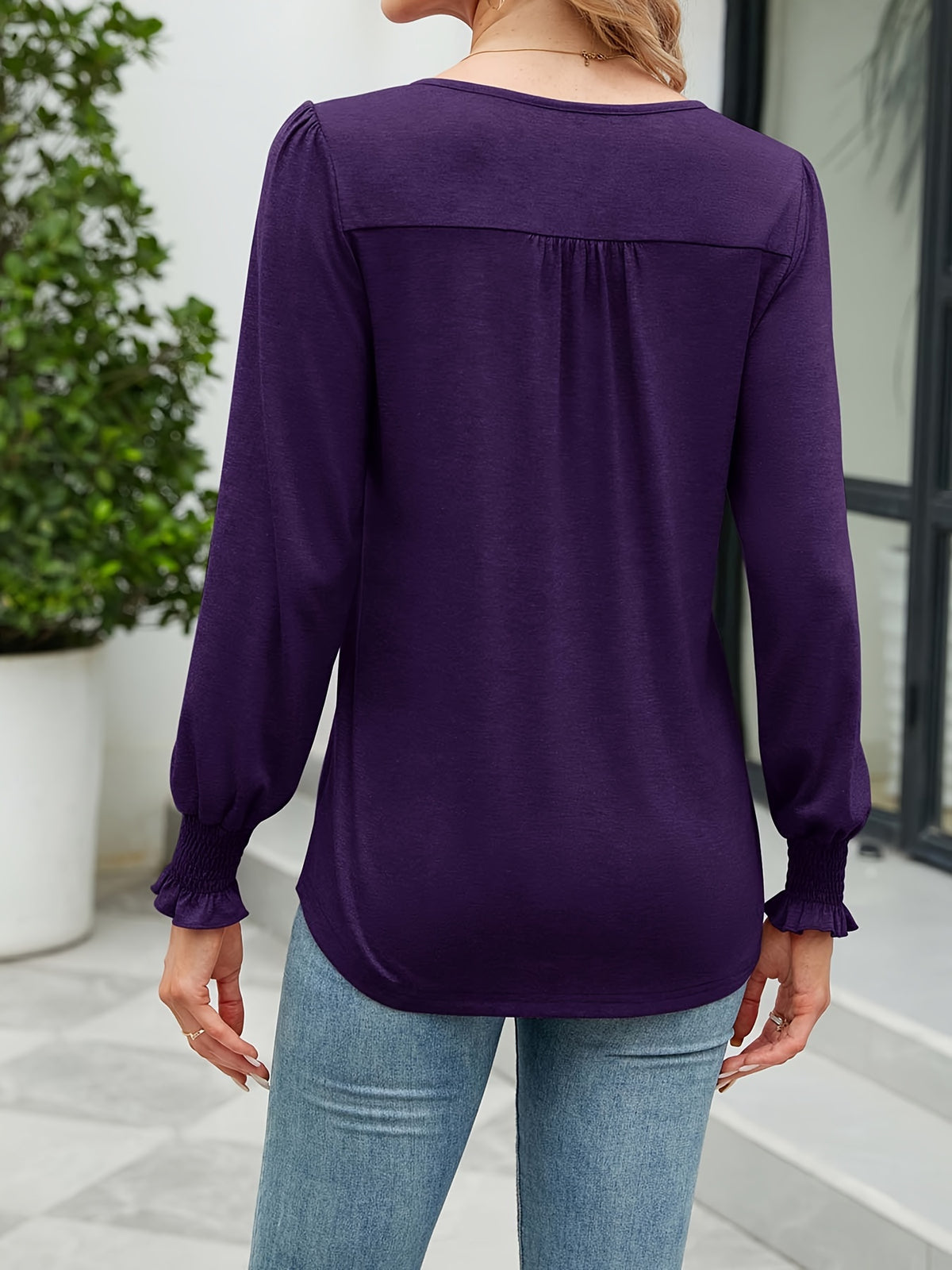 Puff Long Sleeve Tunic Top Women Pleated Crew Neck Loose Blouse Casual Elegant Fall Shirt Soft Flowy Top White Purple Green S-XXL
