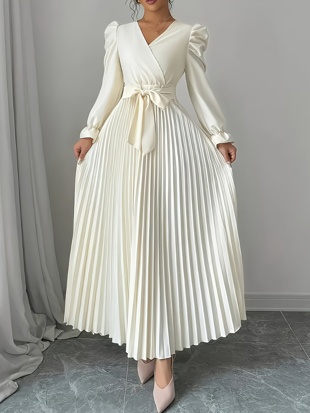 V-Neck Bubble Sleeve French Elegant Dress Women Pleated Ruffle Hem Belt Waist Cocktail Party Maxi Dress Spring Summer Formal Evening Wear Multi-Color S-XXL
