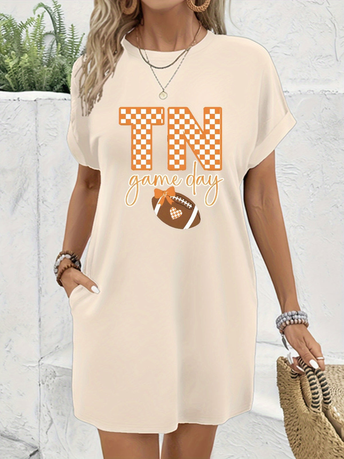 Tennessee Football Graphic T-Shirt Dress for Women | Checkered Print Short Sleeve Casual Dress | Loose Fit Knee-Length Game Day Dress | Sporty Breathable Spring Summer Dress Women
