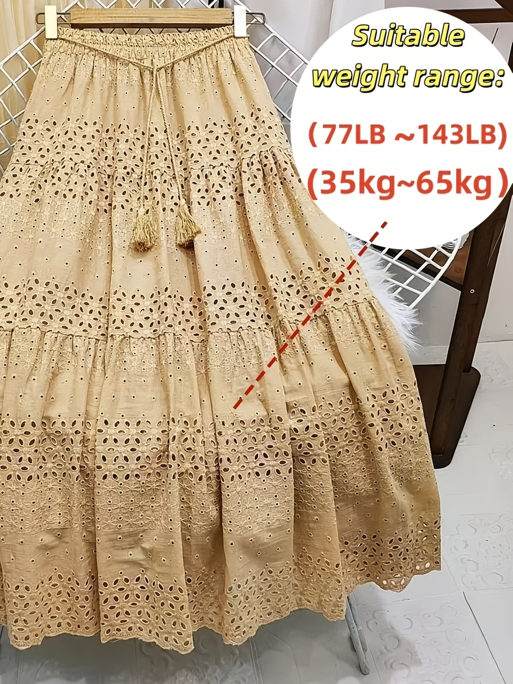 Eyelet Embroidered A-Line Midi Skirt Women Boho Drawstring Elastic Waist Flowy Layered Casual Vacation Dress Green Machine Washable S-XL