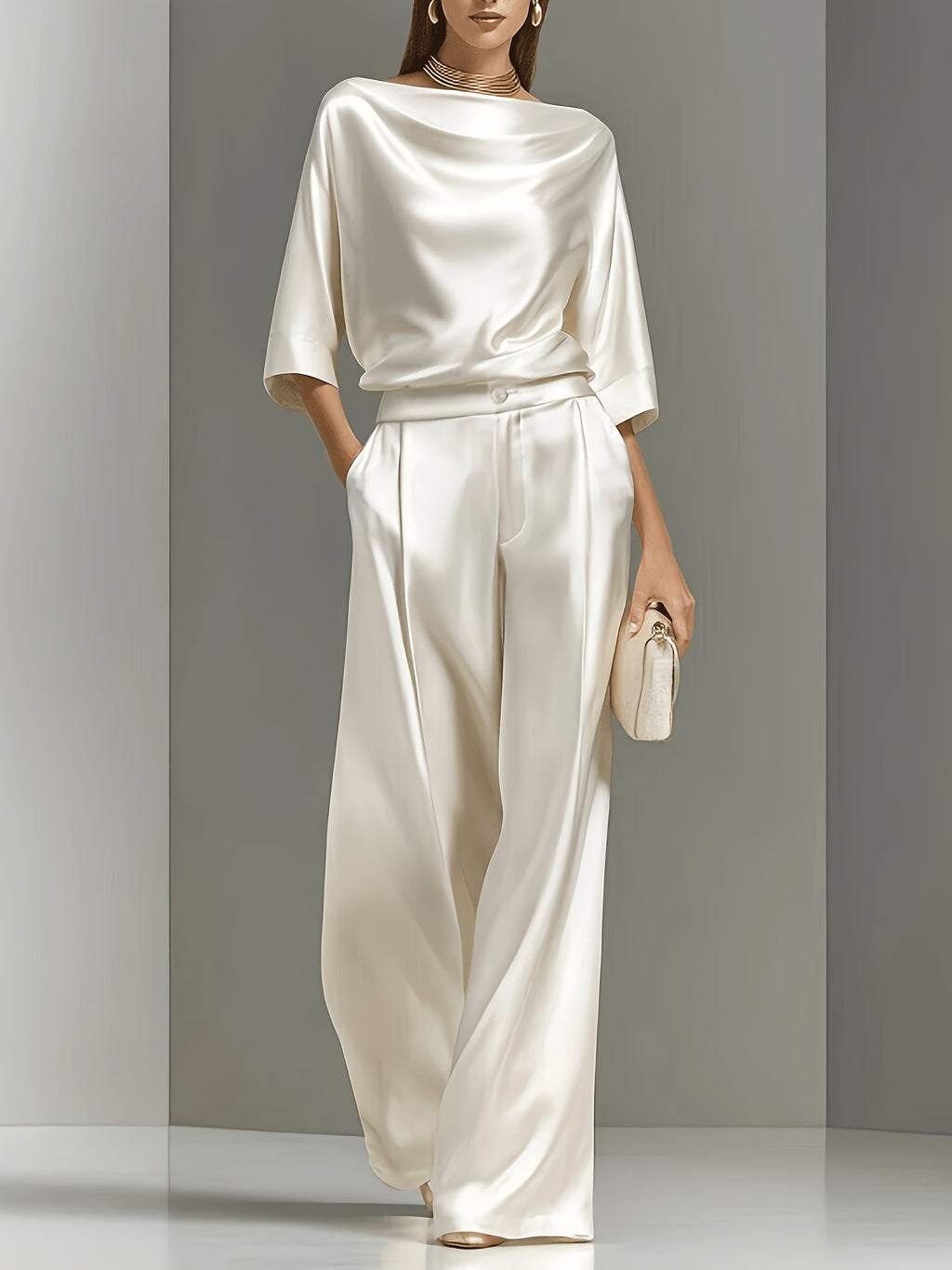 Satin 2 Piece Outfit Set Women Cowl Neck Top High Waist Wide Leg Pants Elegant Formal Business Wedding Guest Office Suit Fall Winter S-XXL