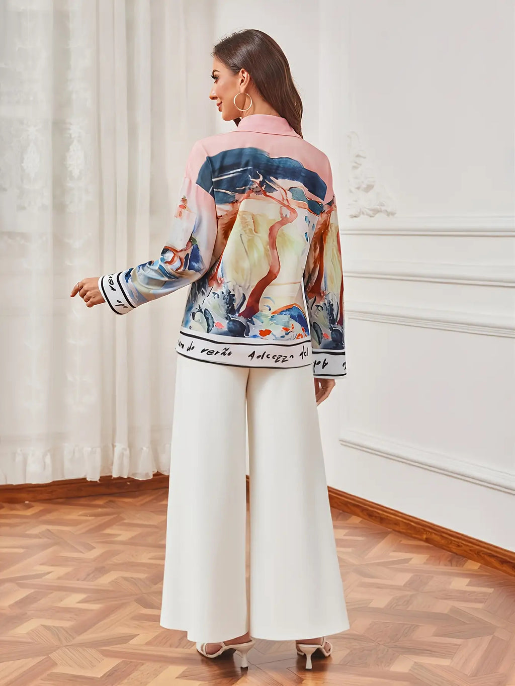 Printed Shirt Women Flap Collar Long Sleeve Beach Vacation Top Casual Summer Fashionable