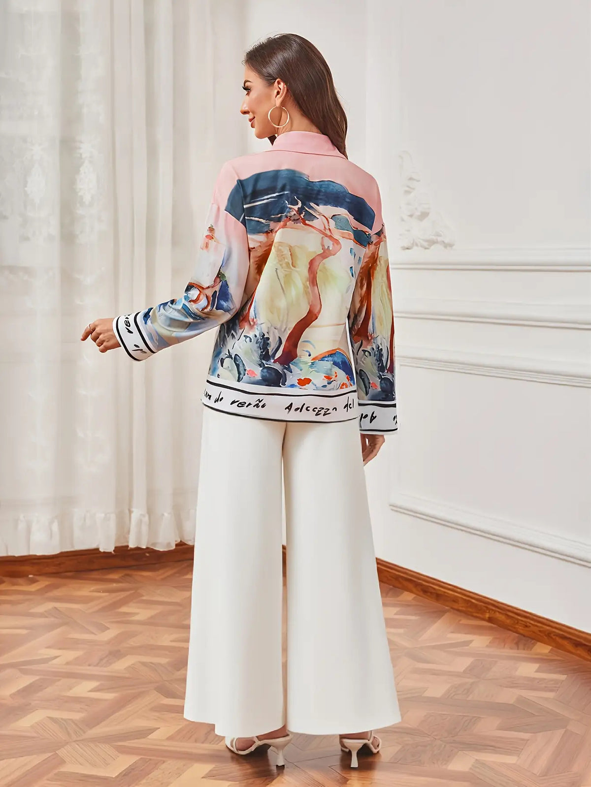 Printed Shirt Women Flap Collar Long Sleeve Beach Vacation Top Casual Summer Fashionable
