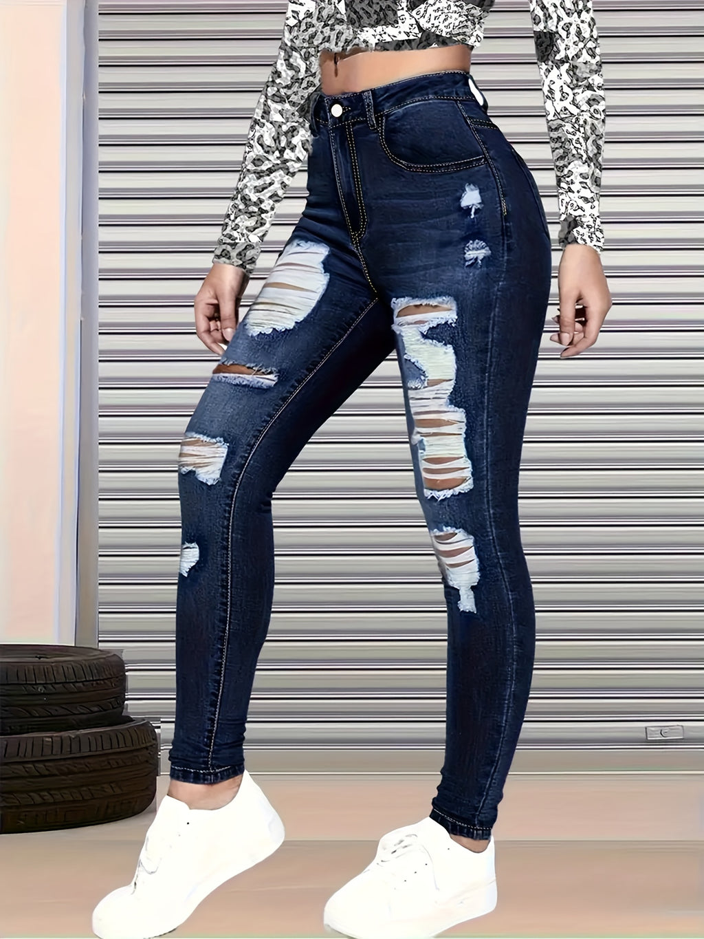 Women's High Stretch Ripped Skinny Jeans Dark Blue Slim Fit Distressed Denim Pants with Pockets Streetwear All-Season