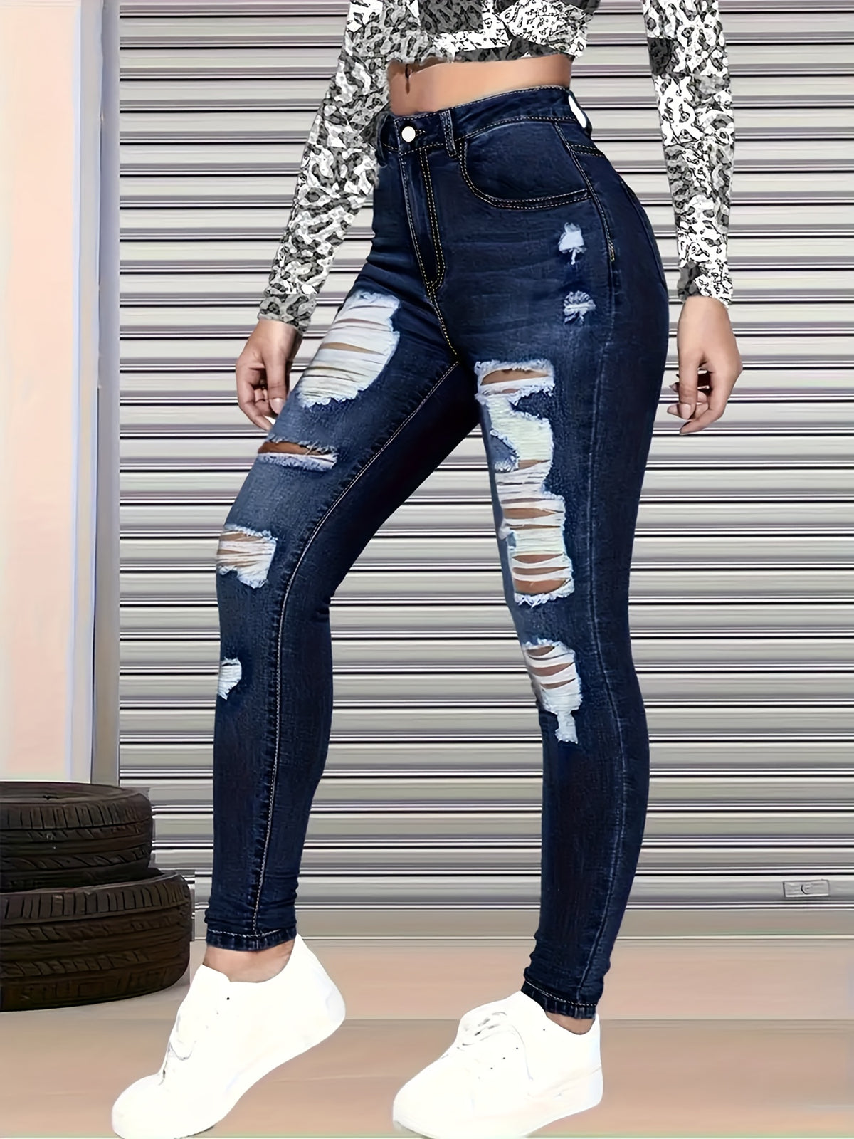 Women's High Stretch Ripped Skinny Jeans Dark Blue Slim Fit Distressed Denim Pants with Pockets Streetwear All-Season