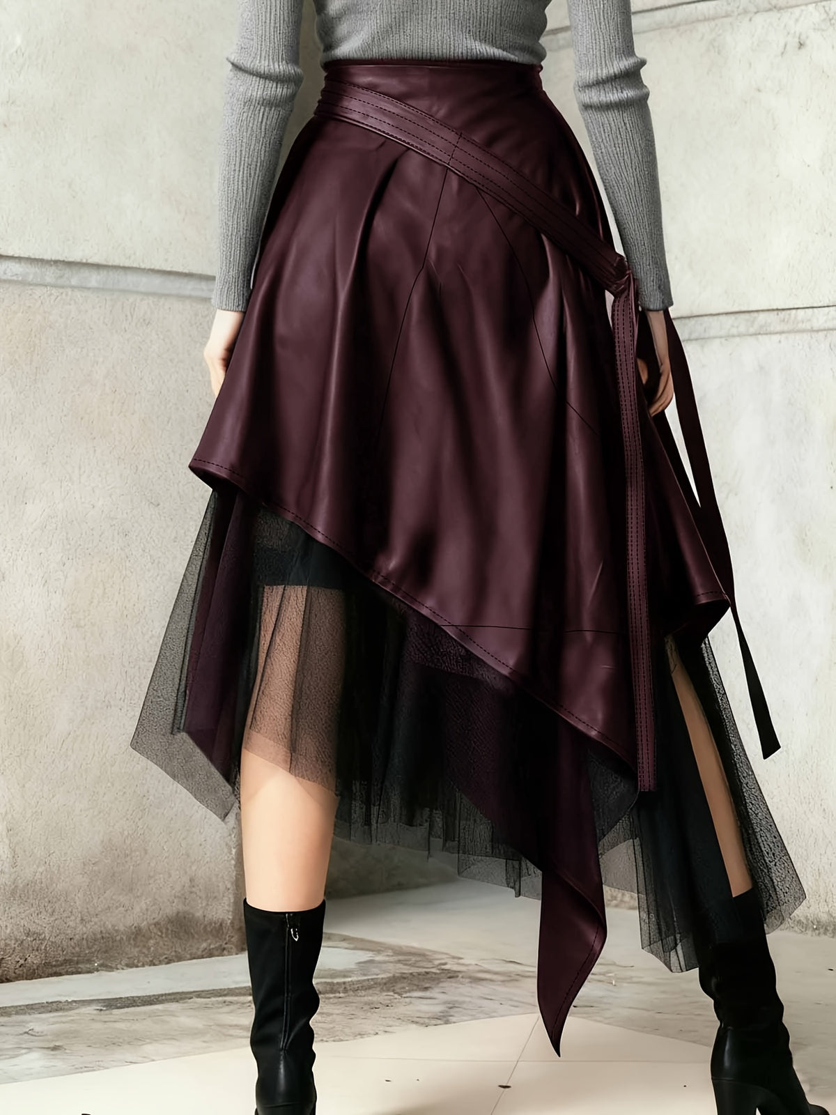 Black Asymmetric Lace Hem Skirt for Women, Elegant A-Line Midi Skirt Casual Spring Autumn Fashion Ladies Bottom with Irregular Hem