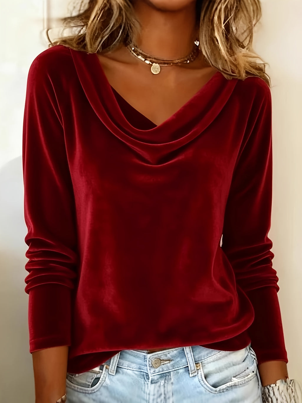 Velvet Swing Collar Long Sleeve Top Women Elegant Solid Color Stretchy Blouse Workplace Office Shirt Red Green Black Gold Fall Winter S-XXL
