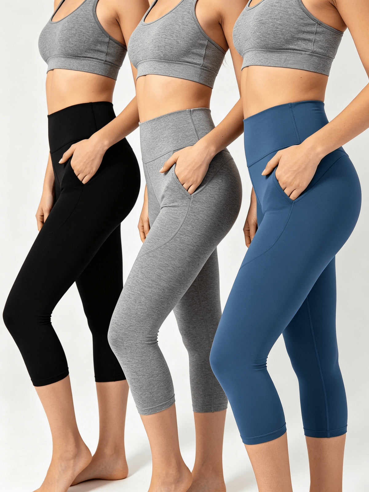 High Waist Capri Leggings with Pockets Women 4-Way Stretch Gray Workout Pants M-XXL Spring Summer Fall