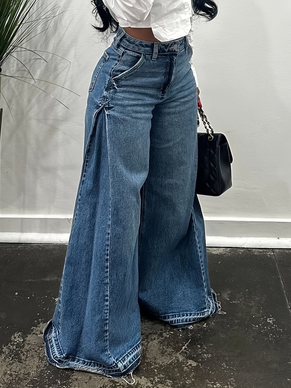 Wide Leg Jeans Women High Waist Flared Denim Pants Baggy Loose Fit Frayed Raw Hem Casual Streetwear All-Season S-XXL
