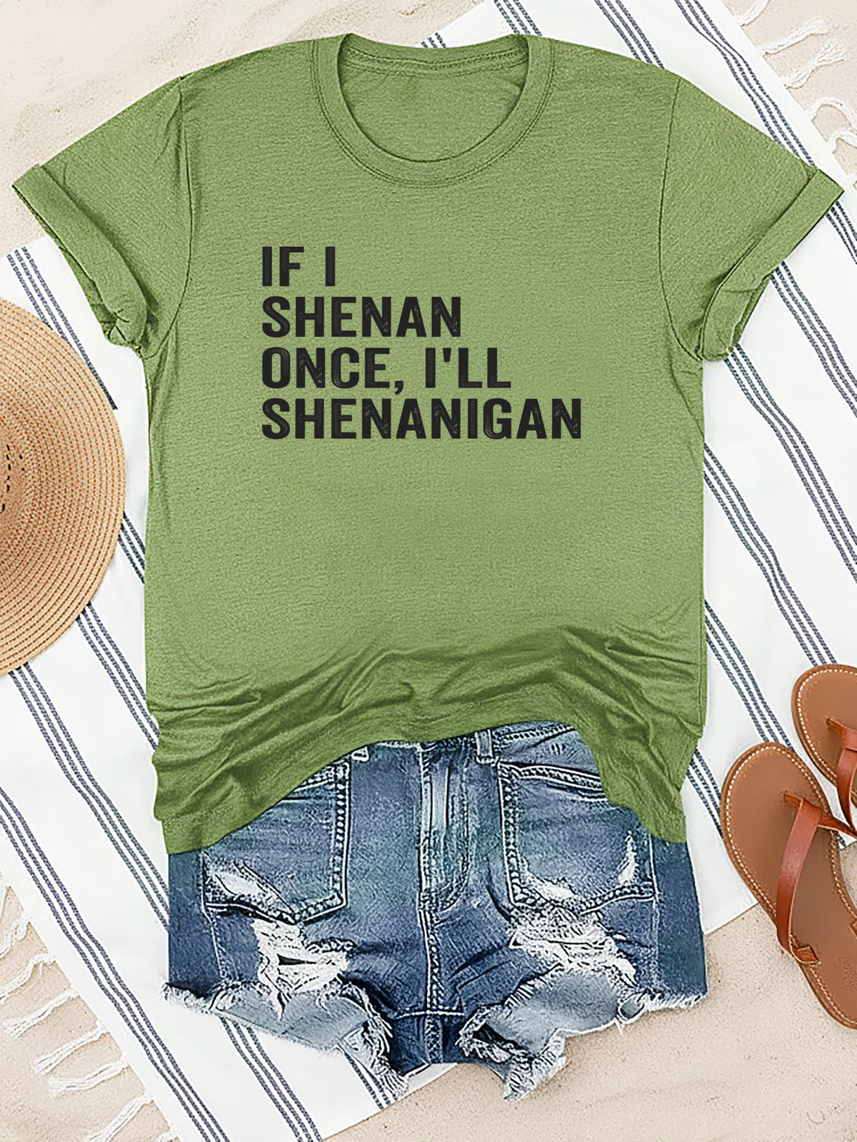 Knotted Hem Slogan Graphic T-Shirt for Women – Funny ‘If I Shenan Once I’ll Shenanigan’ Print Round Neck Casual Street Style Tee for Everyday Wear