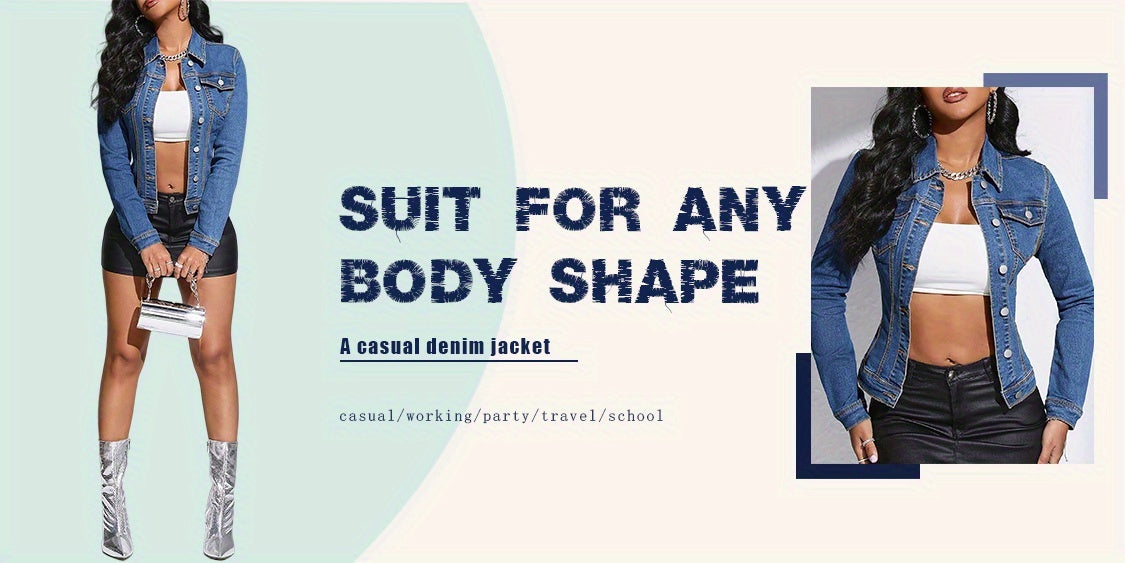 Slim Fit Stretch Denim Jacket Women Vintage Blue Short Form-Fitting Coat with Pockets Stylish Elegant Summer Outerwear