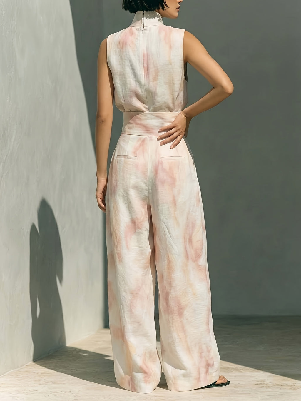 Tie-Dye Print High Neck Sleeveless Top and Wide-Leg Pants 2-Piece Set Street Style Casual S-XXL