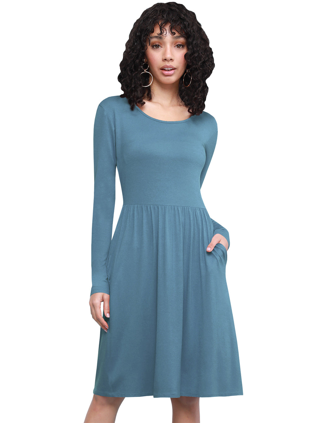 Long Sleeve Flowy Dress with Pockets Women Casual Soft Breathable Relaxed Fit Everyday Dress 18 Colors S-XXL