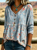 Ditsy Floral Babydoll Blouse Women 3/4 Sleeve V-Neck Light Denim Blue Casual Flowy Spring Summer Top S-XXL