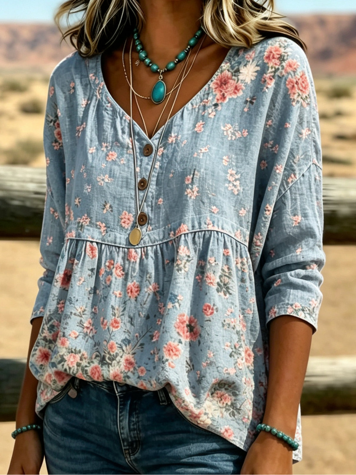 Ditsy Floral Babydoll Blouse Women 3/4 Sleeve V-Neck Light Denim Blue Casual Flowy Spring Summer Top S-XXL