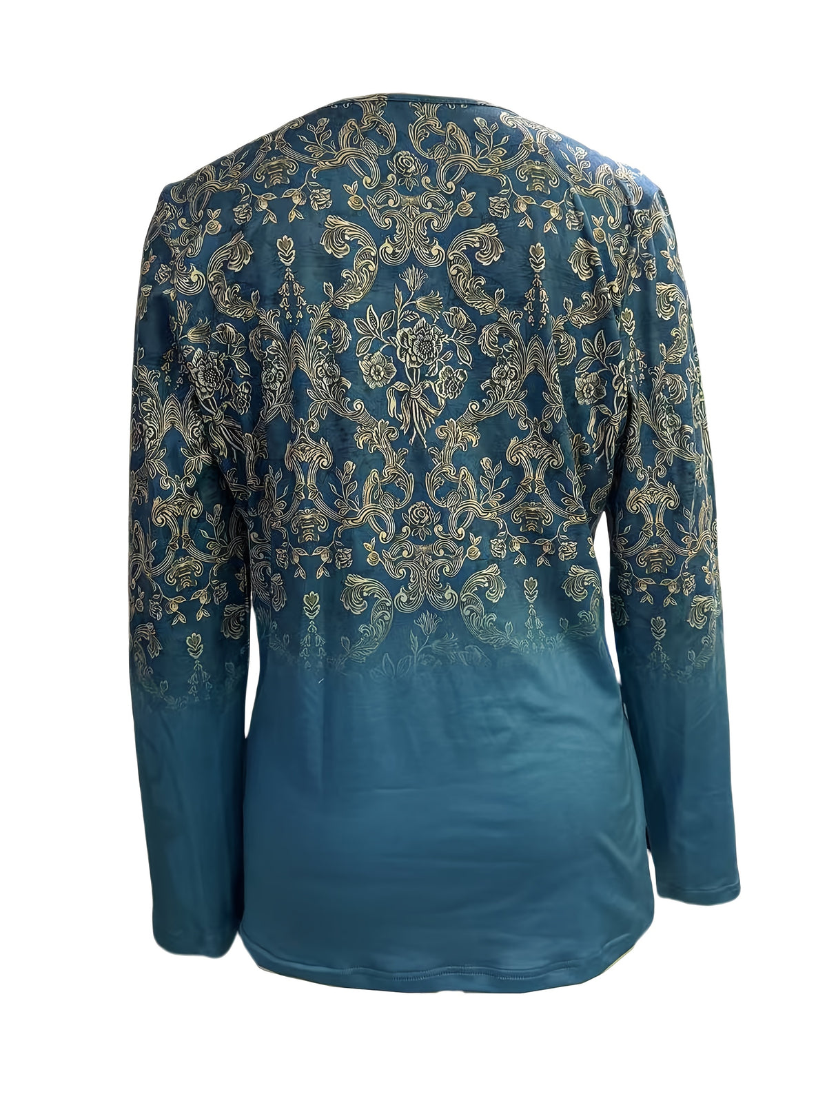 Floral Print V-Neck Long Sleeve T-Shirt Women Teal Golden All-Over Print Medium Stretch Regular Fit Casual Top Nontransparent Machine Washable Spring Fall S-XXL