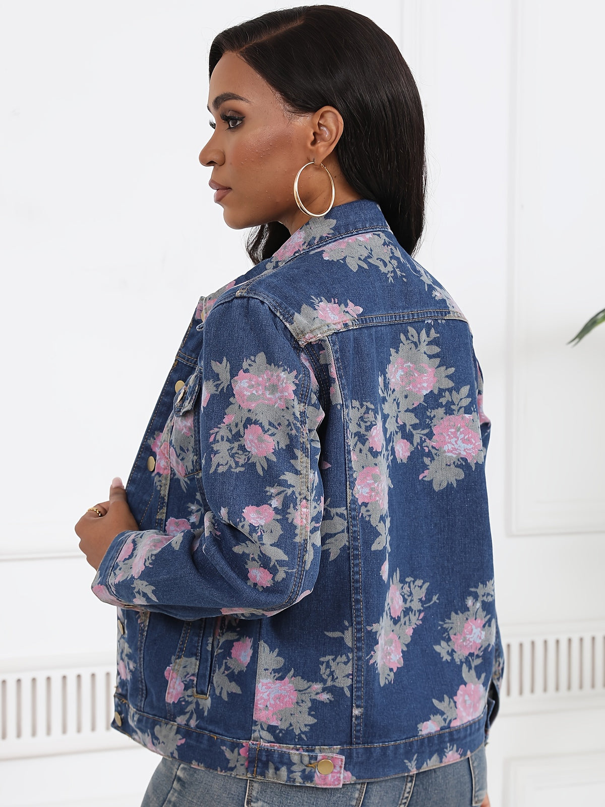 Women's Floral Print Denim Jacket Long Sleeve Flower Printed Jean Coat Casual Streetwear Spring Fall Outerwear Layering Top