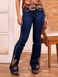 Embroidered Bell Bottom Jeans Women High Waist Stretch Flare Blue Denim Pants Retro Streetwear XS-XL