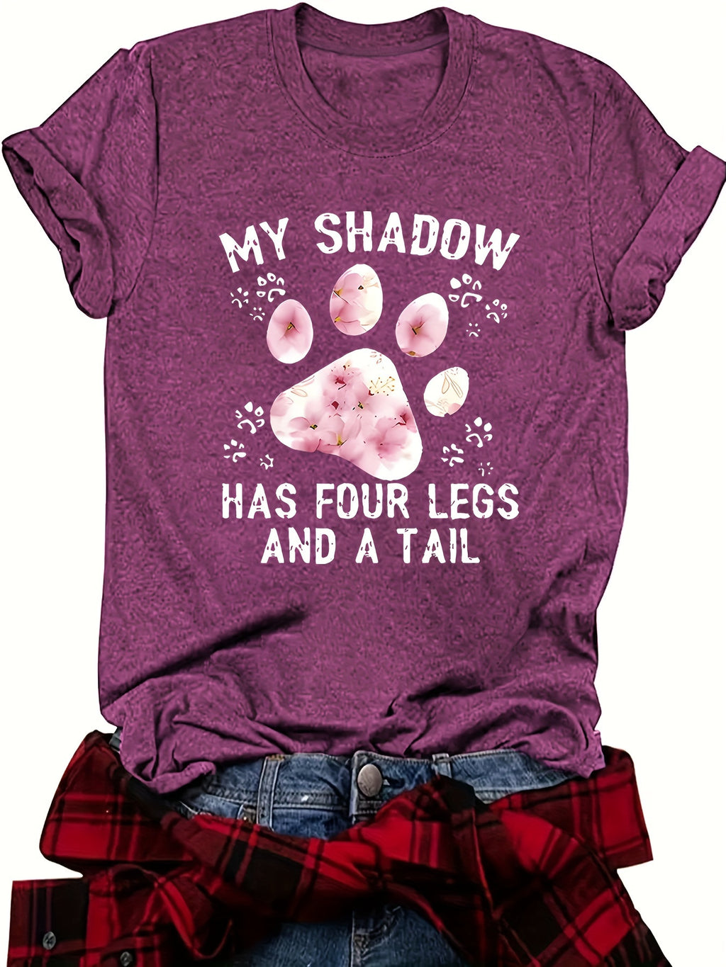 Sakura Cat Paw Print Graphic Tee Women Short Sleeve Crew Neck Casual T-Shirt | Cute Letter Print Cotton-Feel Knit Top for Spring Summer Daily Wear & Gifts