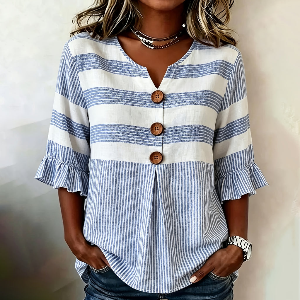 Striped V-Neck Blouse Women Ruffle 3/4 Sleeve Loose Fit Tunic Top Lightweight Linen Button Detail Summer Shirt S-2XL