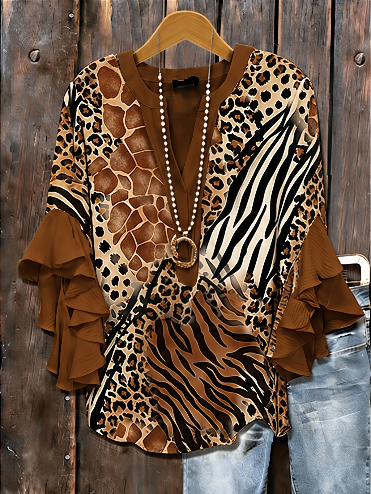 Animal Print Ruffle Sleeve Tunic Top Women V-Neck Long Blouse Three Quarter Patchwork Loose Fit Casual Daily Commute Date Night 95% Polyester