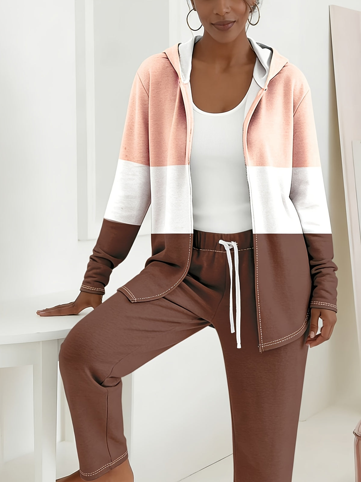 Color Block Hooded Cardigan Wide Leg Pants Lounge Set Women Casual Home Weekend Tracksuit Outfit S-XXL