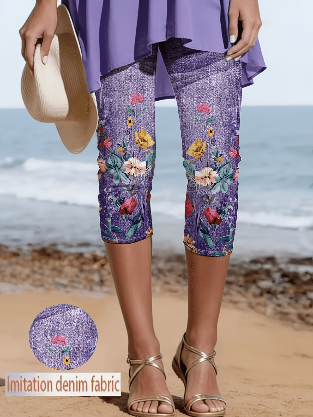 Faux Denim Print Capri Leggings for Women – Imitation Denim Floral Pattern 3/4 Length, Mid-Stretch Knit, Elegant Party Vacation Commute, 5 Colors S-XXL