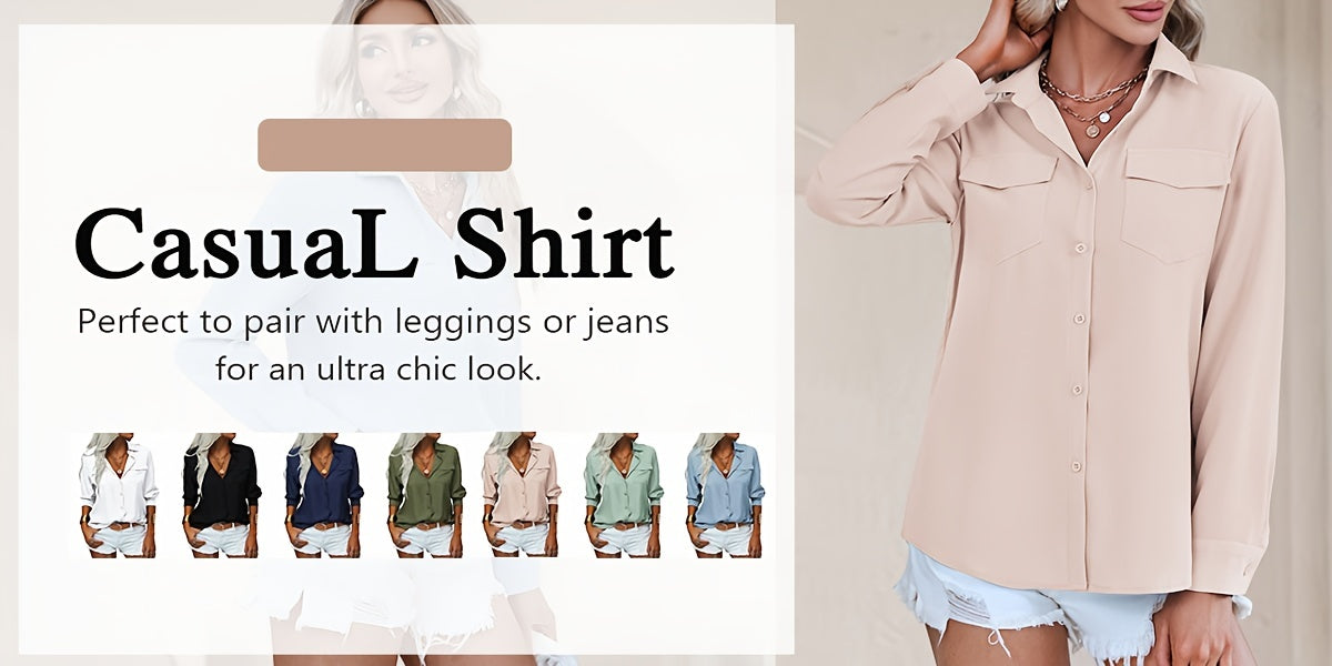 Women's V-Neck Button Down Blouse Slim Fit Lapel Collar Long Sleeve Work Shirt with Chest Pocket Roll-Up Cuffs