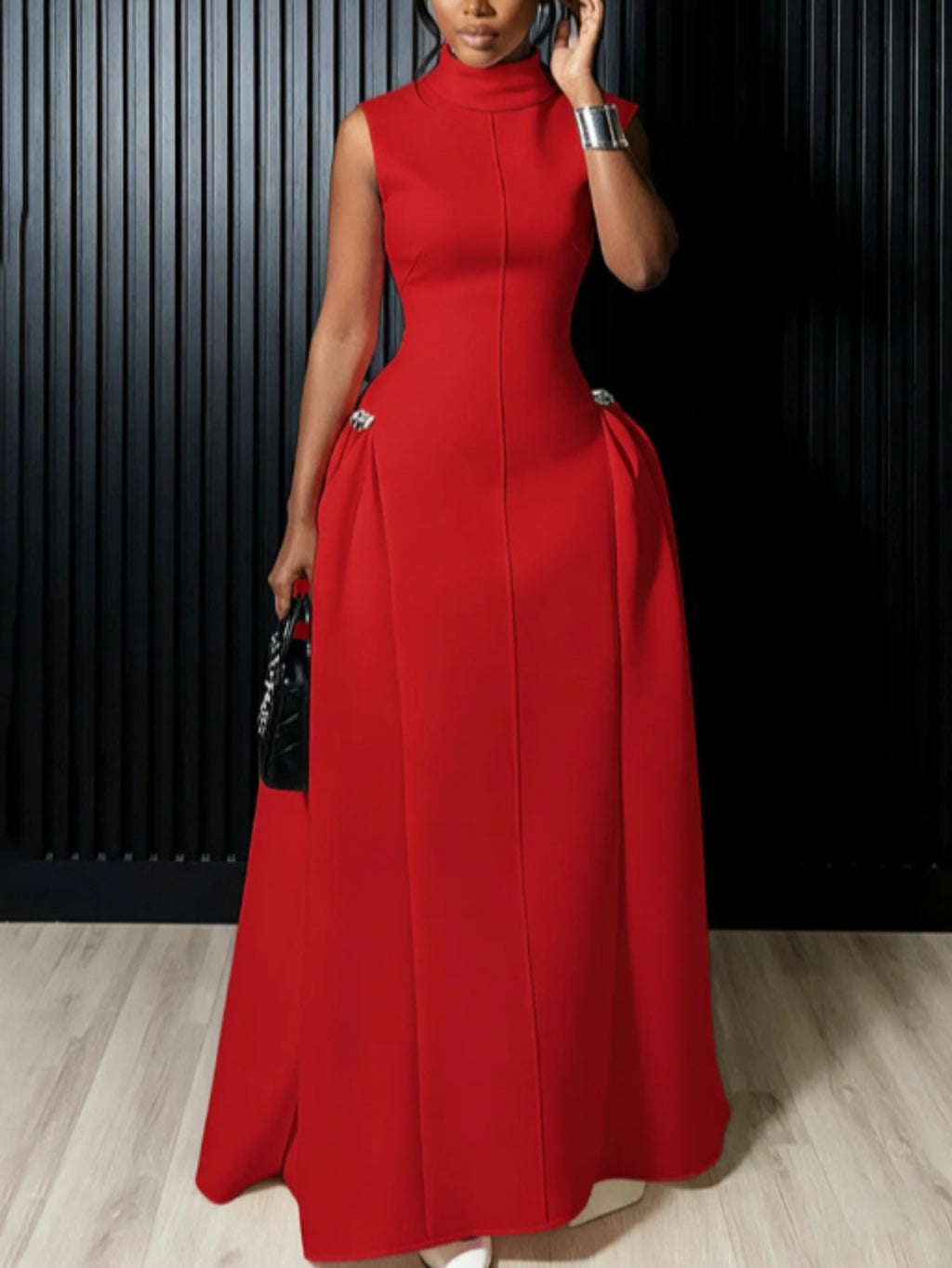 Red Pleated Maxi Dress Women Sleeveless Mock Neck Waist Tie Structured Formal Gala Evening Luxury Party Dress S-XXL