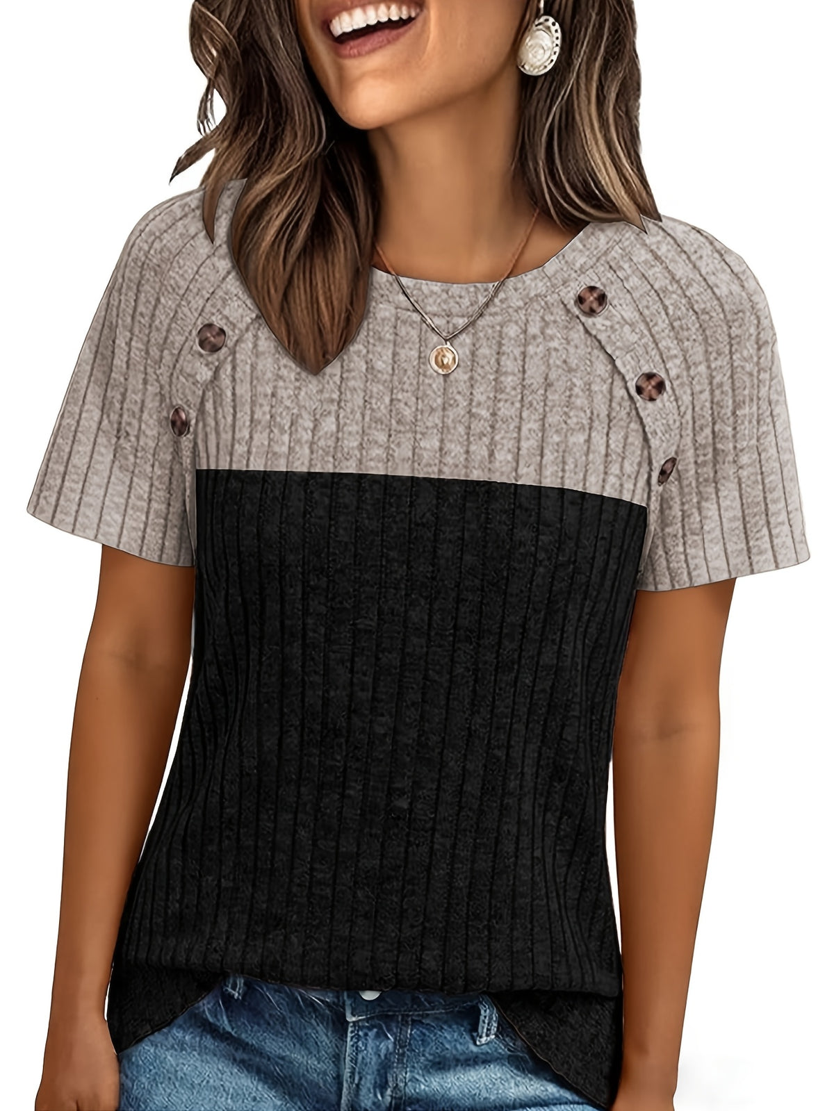Two-Color Colorblock Pullover Top Women Round Neck Tie Button Short Sleeve Loose Casual Elegant Basic Shirt S-XXL