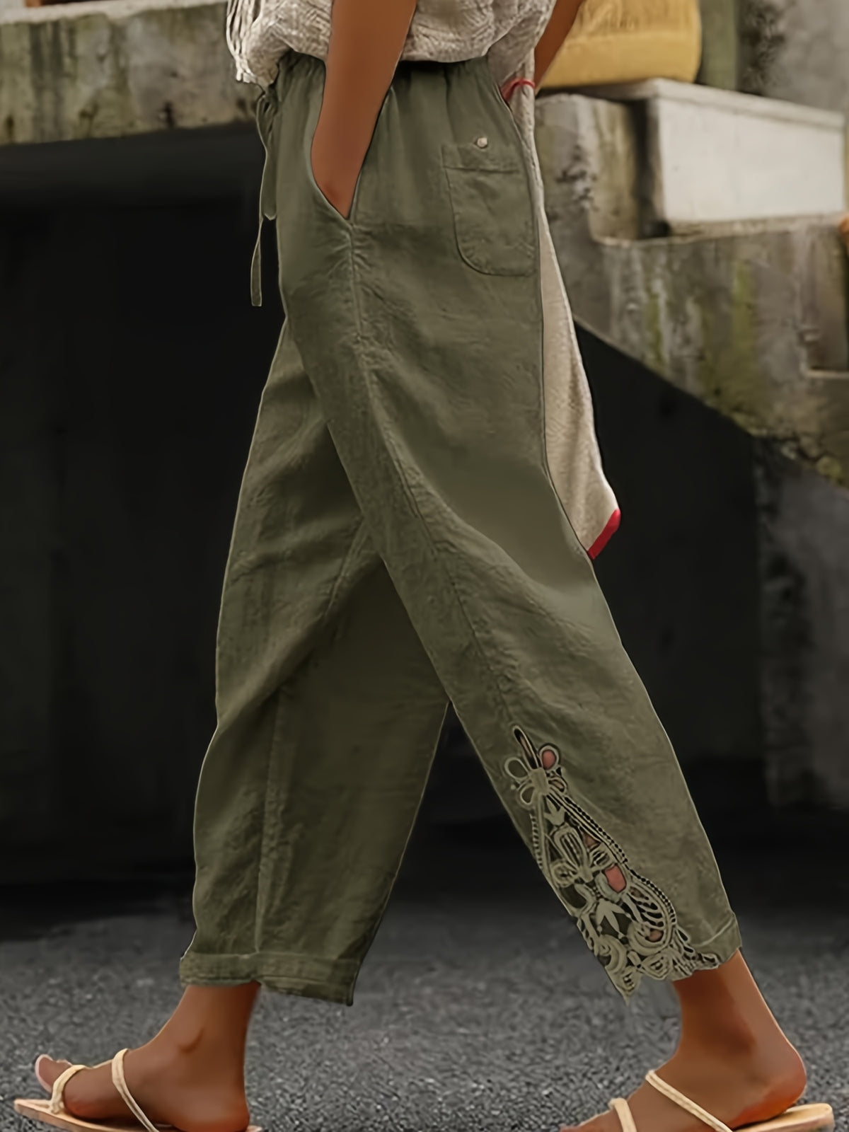 Lace Trim Wide Leg Pants Women High Waist Drawstring Casual Nine-Point Pants White Khaki Black Grey S-XXL