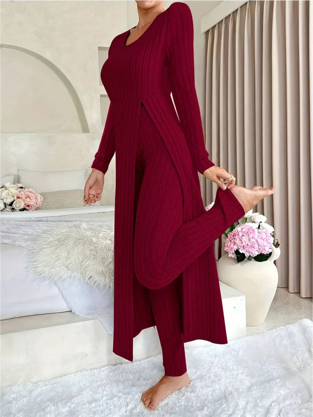 Heavyweight Fleece Lounge Set Women Oversized Long Sleeve Wide-Leg Pants Cozy Winter Two-Piece Ribbed Minimalist S-XL