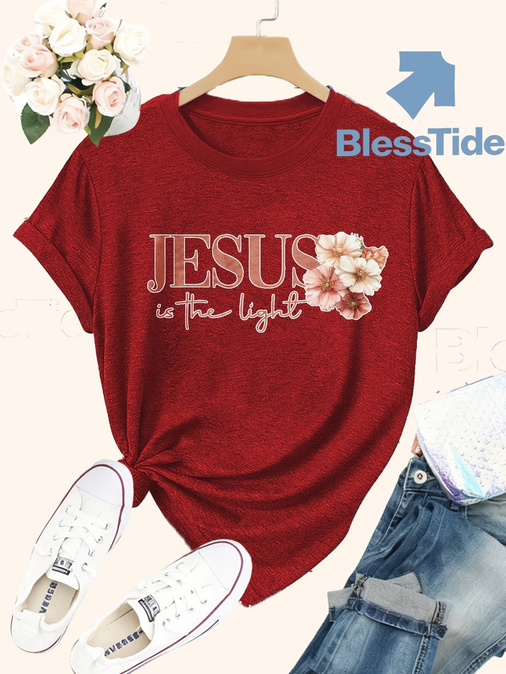 Jesus Floral Cross Double-Sided Print T-Shirt for Women - Faith Inspired Crew Neck Casual Christian Tee Summer Trendy Graphic Top