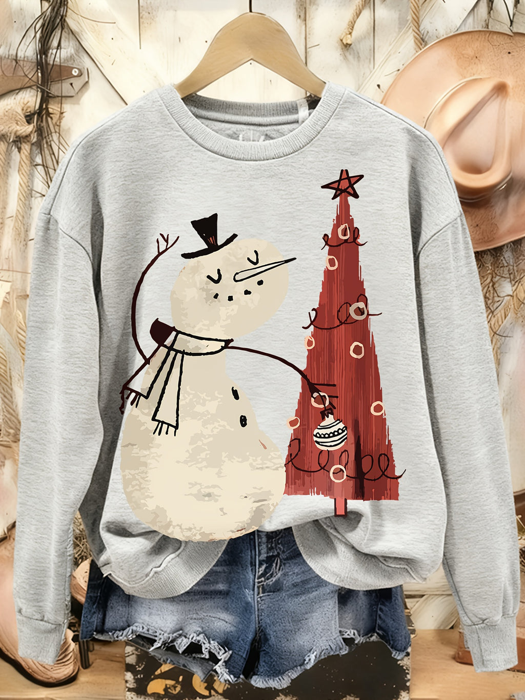 Women's Crew Neck Sweatshirt Christmas Pattern Printed Pullover Casual Thin Sports Top Soft Comfortable Autumn Winter Red Black White