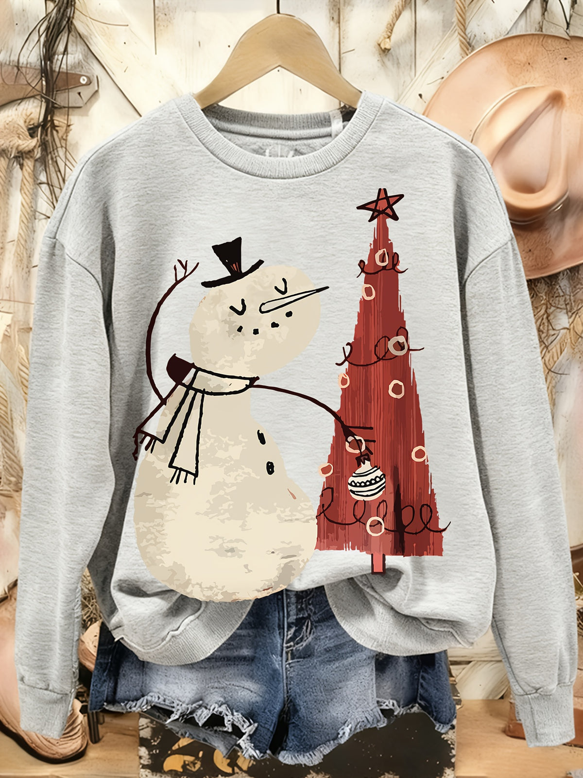Women's Crew Neck Sweatshirt Christmas Pattern Printed Pullover Casual Thin Sports Top Soft Comfortable Autumn Winter Red Black White