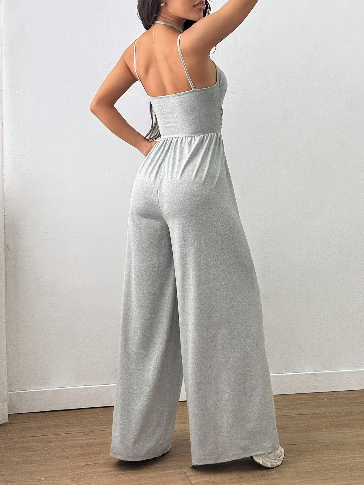 Pleated Loose Fit Jumpsuit Women Casual Wide Leg One Piece Outfit Spring Summer Light Grey Navy S-XL
