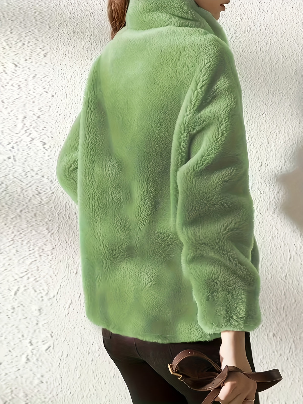Plush Hooded Zip-Up Jacket for Women Solid Color Fuzzy Sherpa Coat Warm Winter Casual Daily