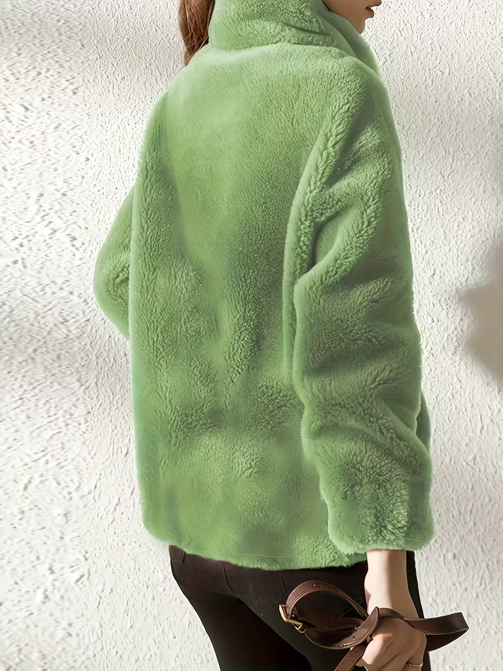 Plush Hooded Zip-Up Jacket for Women Solid Color Fuzzy Sherpa Coat Warm Winter Casual Daily