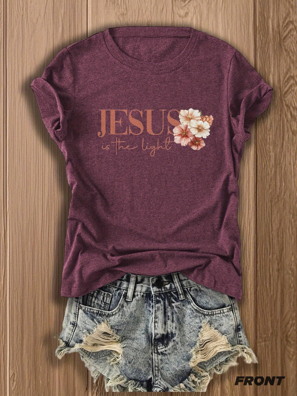 Jesus Floral Cross Double-Sided Print T-Shirt for Women - Faith Inspired Crew Neck Casual Christian Tee Summer Trendy Graphic Top