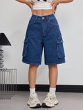 Flap Pocket Denim Shorts Women High Waist Casual Solid Color Machine Washable Rayon Blend Non-Stretch Jean Shorts Blue Spring Fall Everyday Outfit