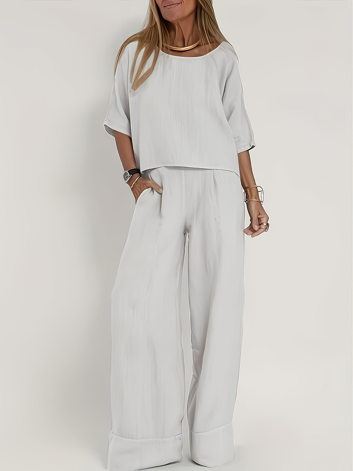 Women Elegant 2 Piece Set Short Sleeve Top High Waist Pants Suit Solid Color Matching Outfit Business Casual Chic Co-ord for Work Summer Spring