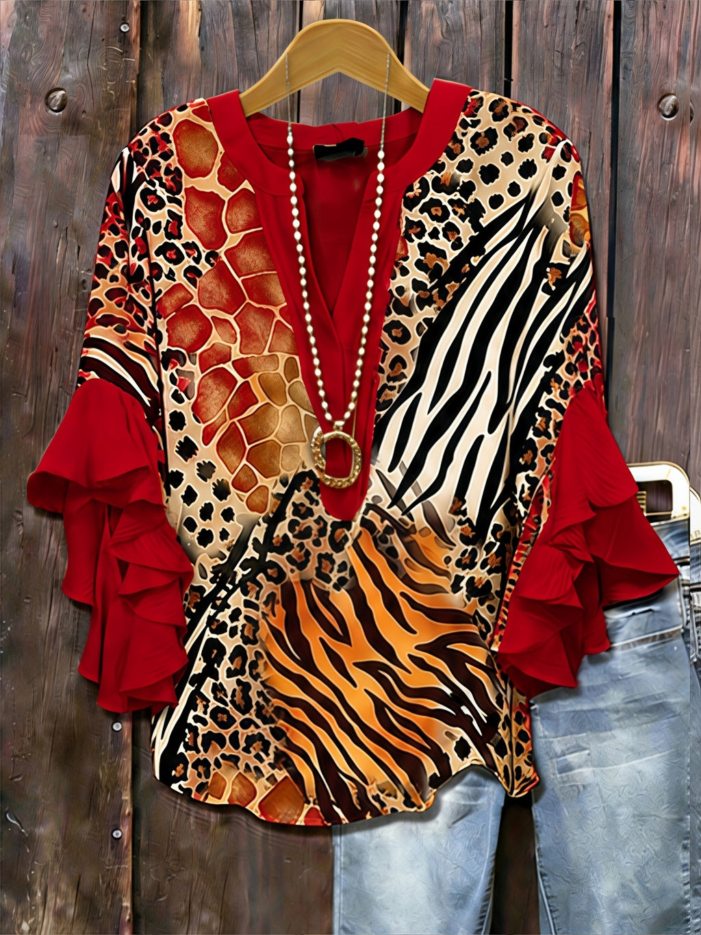 Animal Print Ruffle Sleeve Tunic Top Women V-Neck Long Blouse Three Quarter Patchwork Loose Fit Casual Daily Commute Date Night 95% Polyester
