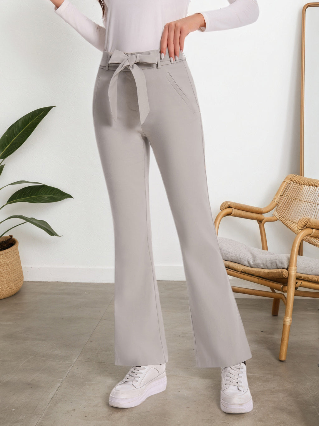 Plaid Flare Pants Women High Waist Tie Belt Slim Fit with Pockets Elegant Office Work Trousers Chic Tailored
